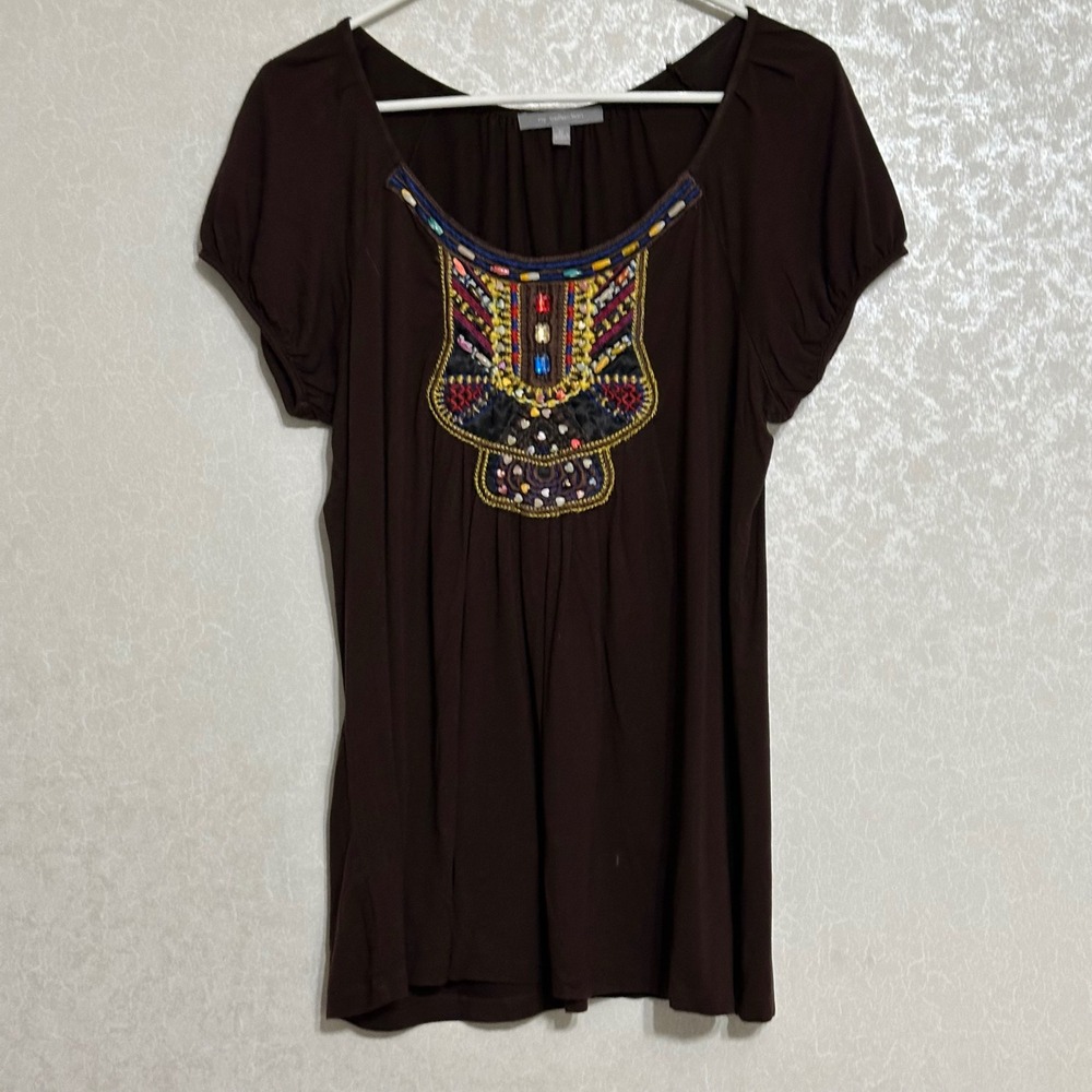 NY Collection Brown Beaded Embroidered Neckline Short Sleeve Tunic Top Boho M